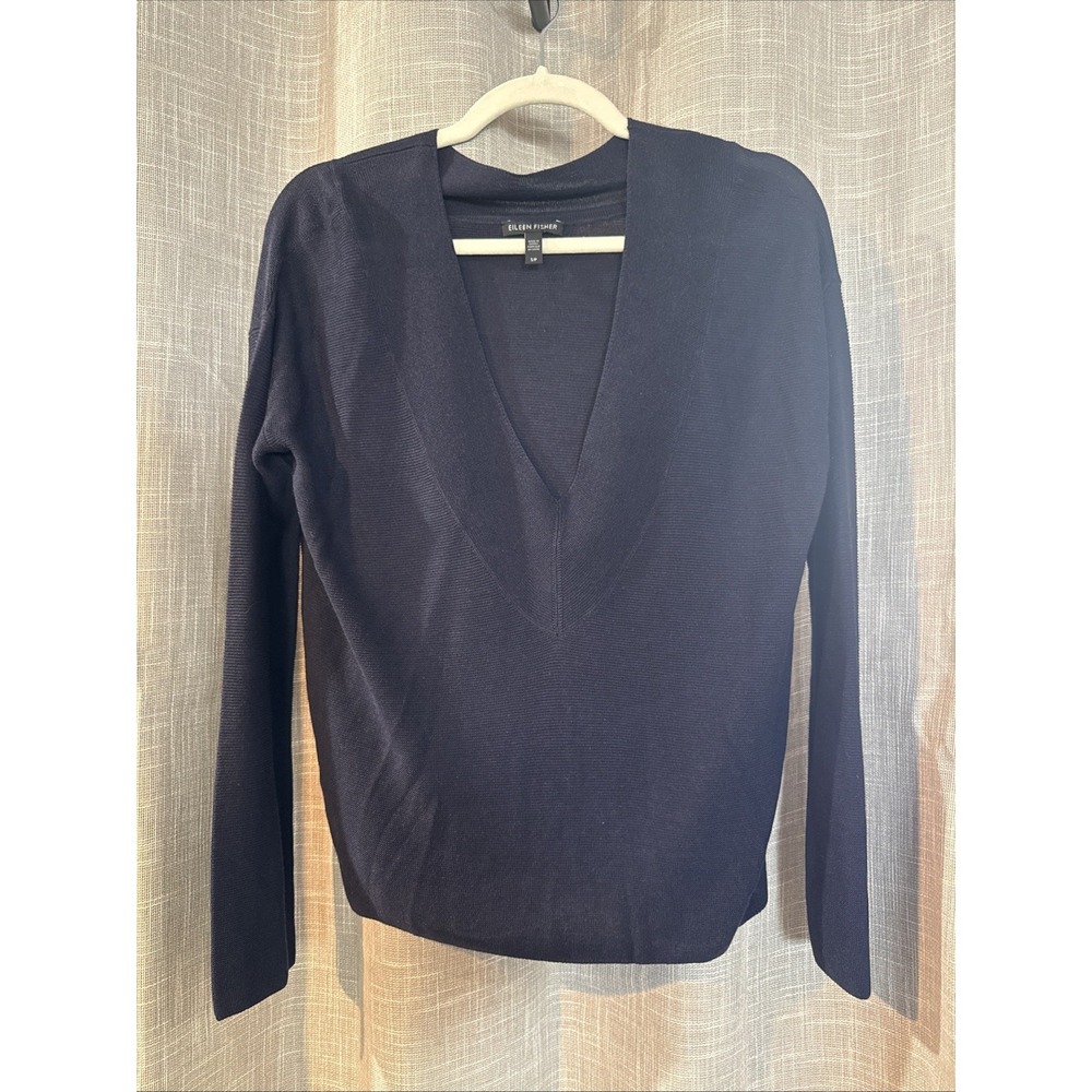 EILEEN FISHER Sweater Silk Tencel V-Neck Pullover Stretch Women Small Navy Blue